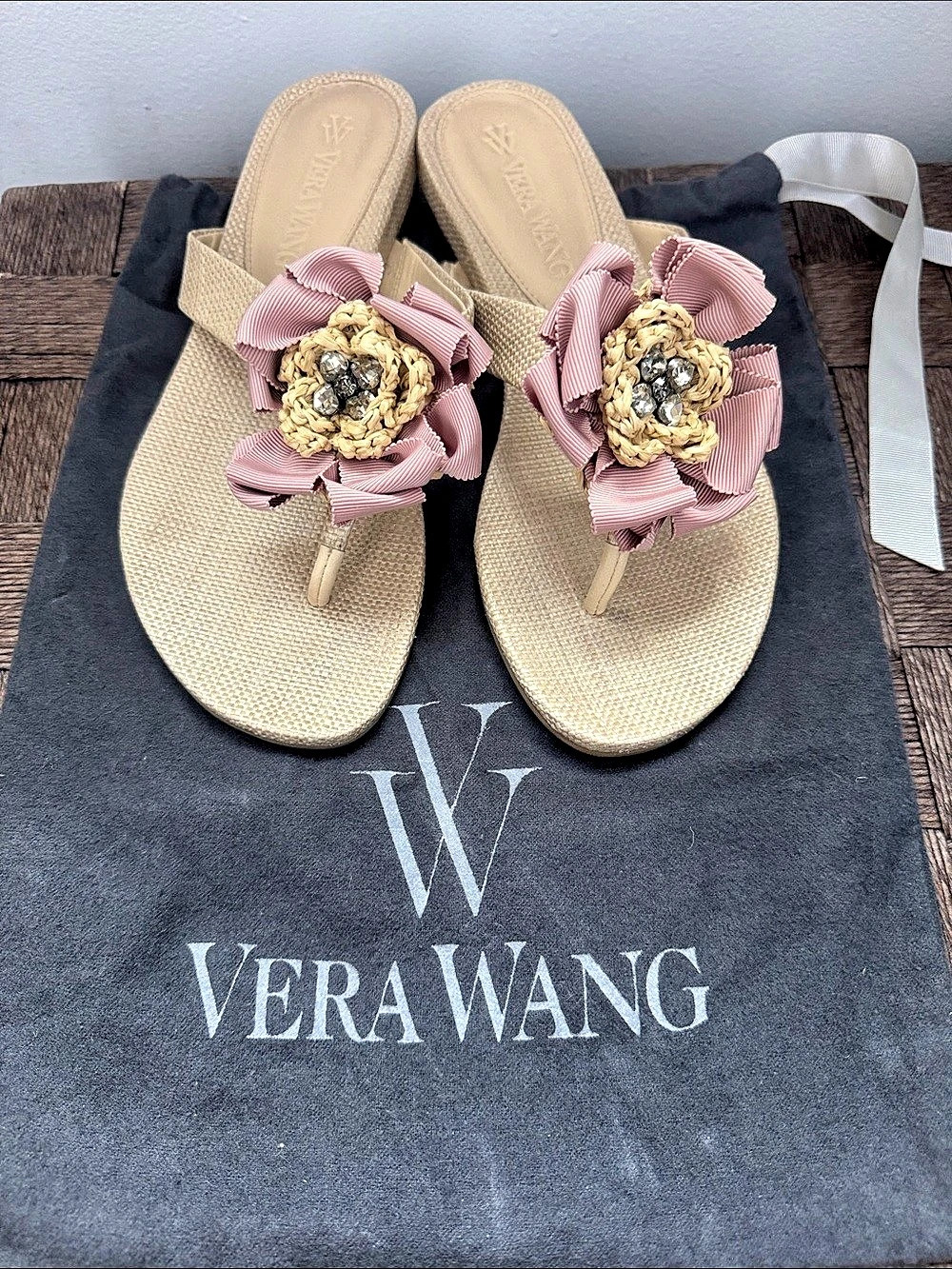 Vera Wang Floral Embellished Sandals in Beige & Pink Like New